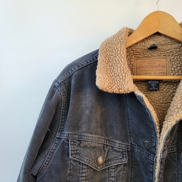 Abercrombie Fitch Jacket Men's XL Sherpa Lined Corduroy Charcoal Gray Vintage - Picture 2 of 16